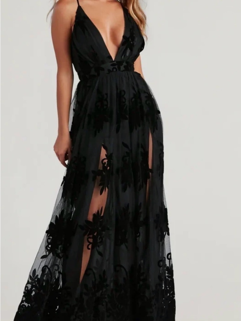 Windsor Black Plunge V-Neck Floral Mesh Maxi Dress